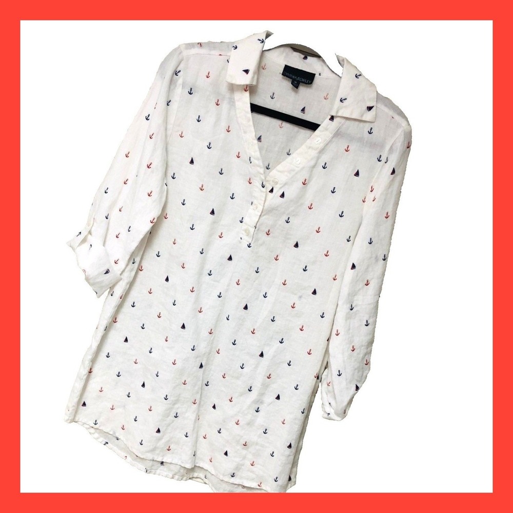 Cynthia Rowley‎ White Linen Tunic Top Shirt Coastal Beachy Nautical Womens M